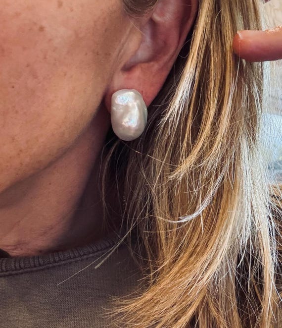 Huge White Baroque Pearl Studs with Exceptional Surface Shine