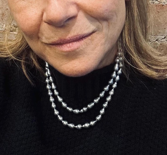 Double Strand Necklace with Shiny and Beautiful Grey Baroque Pearls