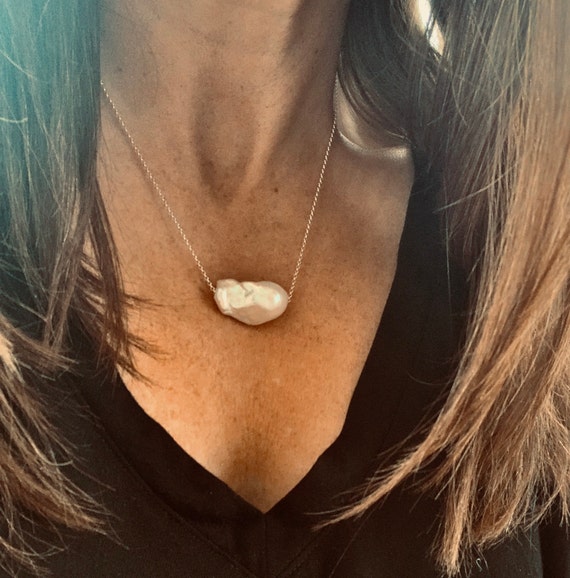 Huge White Baroque Freshwater Pearl and Sterling Silver or 14k-Gold-Fill Necklaces, Minimalist Statement Pieces, Elegant and Modern