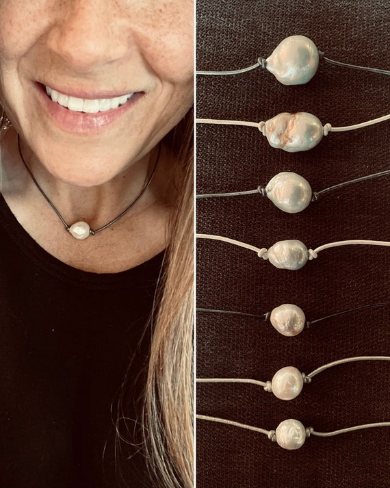 White Freshwater Pearl Chokers on Leather with Sterling Silver Clasp, Casual & Classic Chic