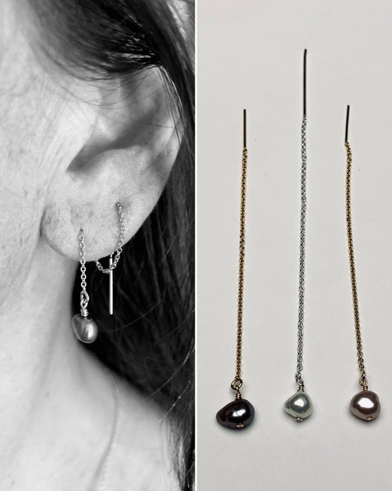 White, Pink or Grey Freshwater Pearl and Sterling Silver or 14k-Gold-Fill Threader Earrings, Minimalist, Elegant, and Delicate