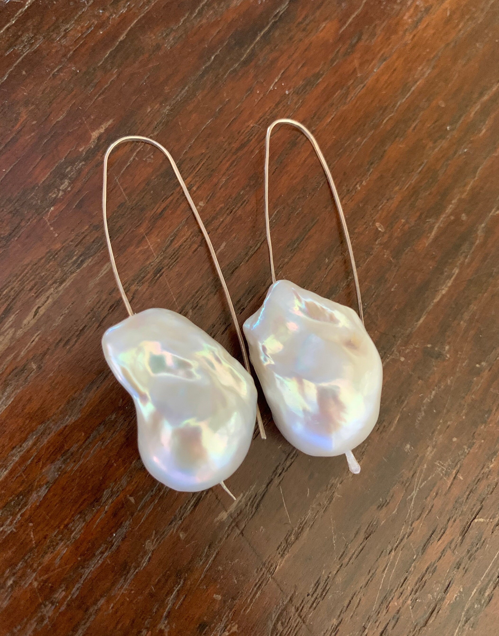 Large Baroque Pearl Drop Earrings in Sterling Silver, White Fireball Freshwater Pearls, Dramatic