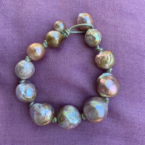 Bronzy-Pink Baroque Freshwater Edison Pearl and Metallic Knotted Leather Bracelet, Weighty and Beautiful