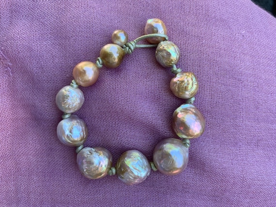 Bronzy-Pink Baroque Freshwater Edison Pearl and Metallic Knotted Leather Bracelet, Weighty and Beautiful
