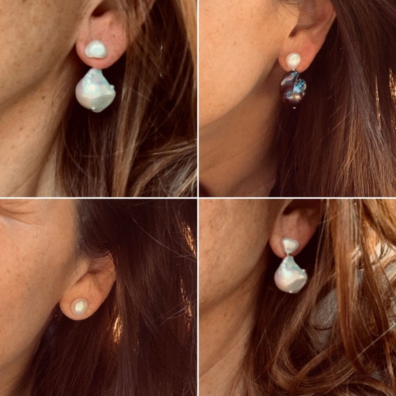 Removable Silver-White or Peacock Baroque Pearl Drop Extensions, Wear in Front or Behind the Ear, Buy with Studs or Alone