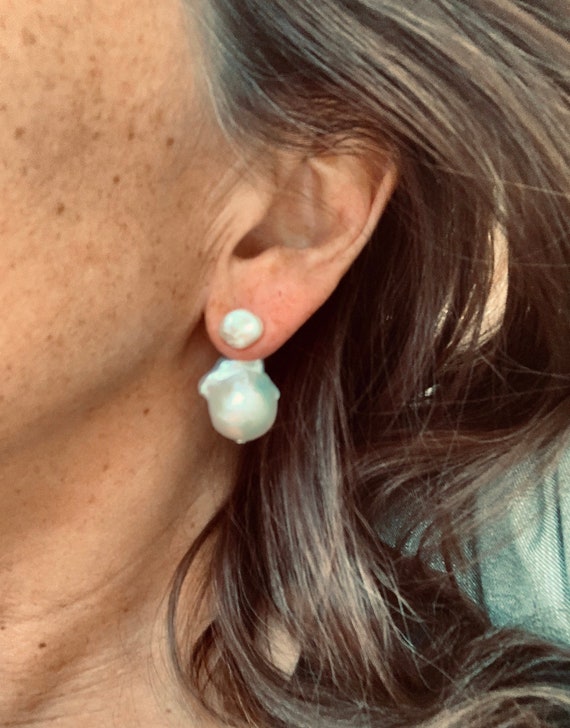 Removable Silver-White or Peacock Baroque Pearl Drop Extensions, Wear in Front or Behind the Ear, Buy with Studs or Alone