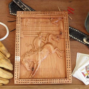 Saddle Bronc Rodeo Cribbage Board - Never Give Up!