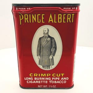 Vintage Prince Albert Tobacco Tins (1 tin) Crimp Cut Pipe Cigarette 1.5 oz Pocket Cans, R.J. Reynolds Tobacciana Red Metal Advertising Decor