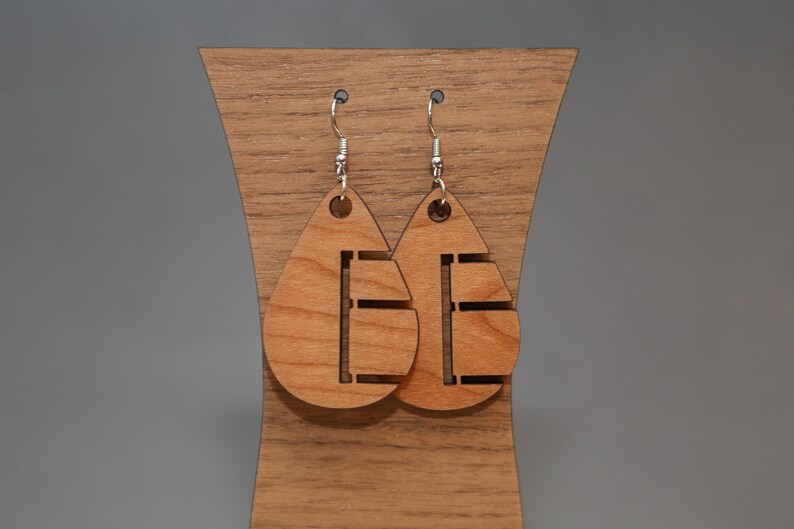 Alphabet Teardrop Wood Earrings Letter E Lightweight