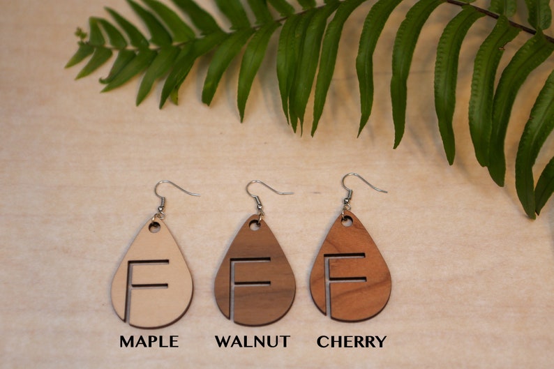 Alphabet Teardrop Wood Earrings Letter E Lightweight