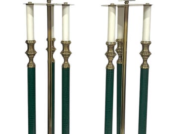 Vintage Chapman Brass Lamp Pair Tall Bouillotte Triple Candle Stick Gold and Green Table Lamps 36”