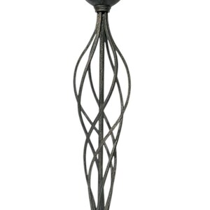 May include: A dark metal pendant light fixture with a flared shade and a decorative, woven-style stem. The base is round and dark, with a cord and plug extending from it. The fixture is designed for overhead lighting.