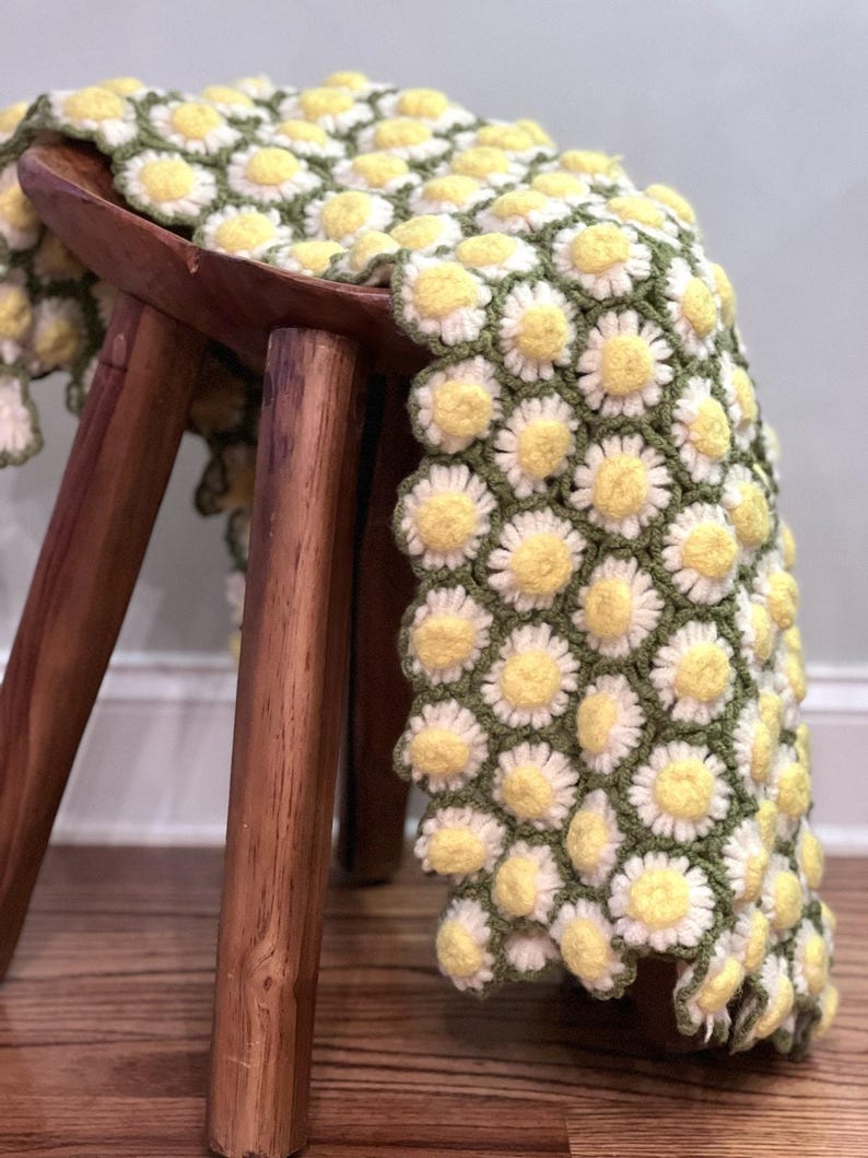 3D Granny Daisy Afghan Throw Blanket Crochet Green Yellow White
