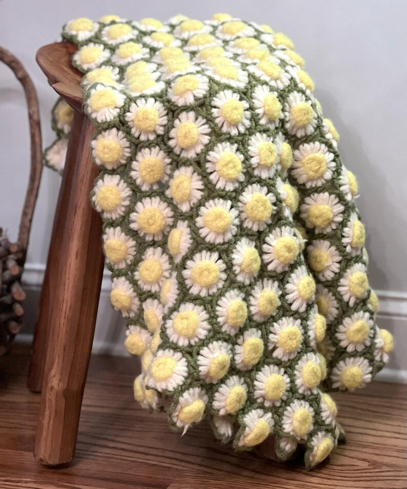 3D Granny Daisy Afghan Throw Blanket Crochet Green Yellow White