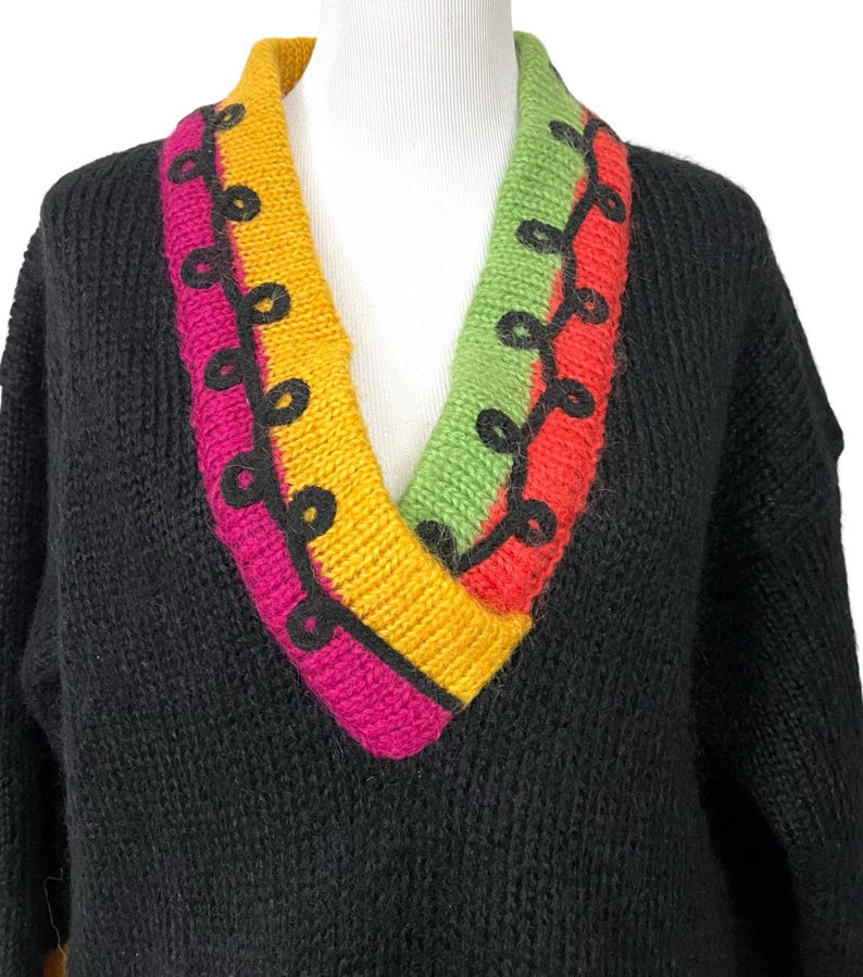 Vintage The Limited Sweater Colorful Neon 1980s Fuzzy Mohair V-Neck Women’s M/L image 4