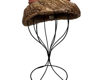 Vintage 50s Women’s Hat Straw Pillbox Fascinator Tan with Satin Ribbon Vintage 50s Women main image 2