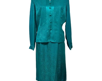 Adrianna Papell vintage 100% zijden rokkostuum maat 14 groenblauw jasje en rok
