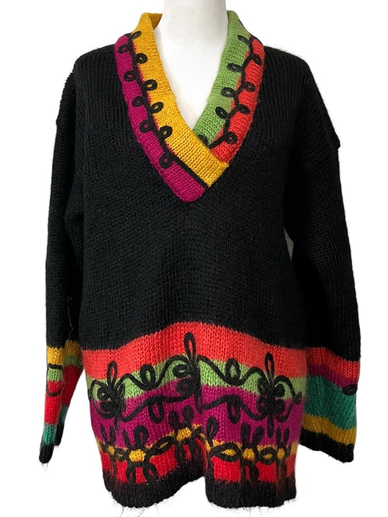 Vintage The Limited Sweater Colorful Neon 1980s Fuzzy Mohair V-Neck Women’s M/L image 1