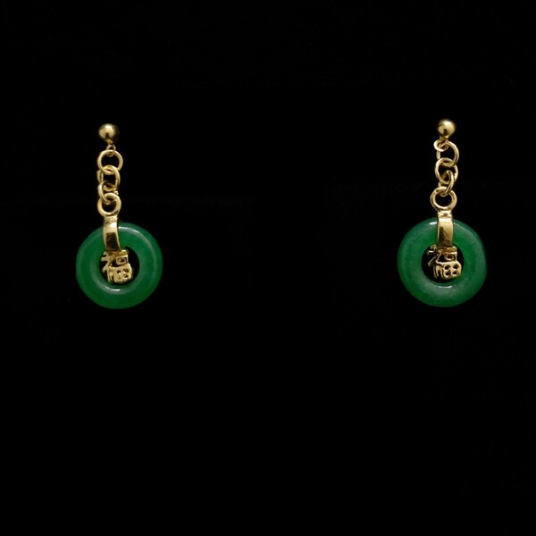 Gold Alloy Dangle Jade Stud Earring With Chinese Character Happiness (福)