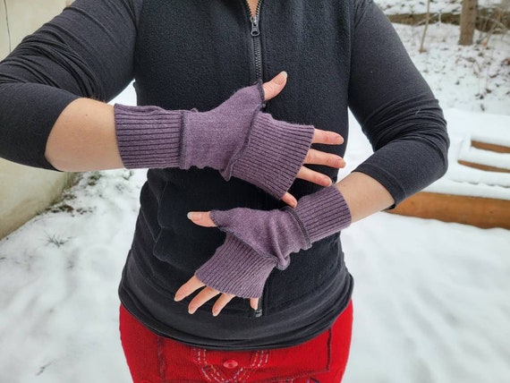 Purple Wool fingerless gloves made from recycled sweaters