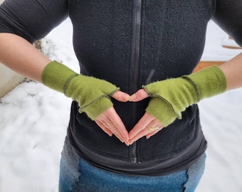 Green Cashmere fingerless gloves made from recycled sweaters