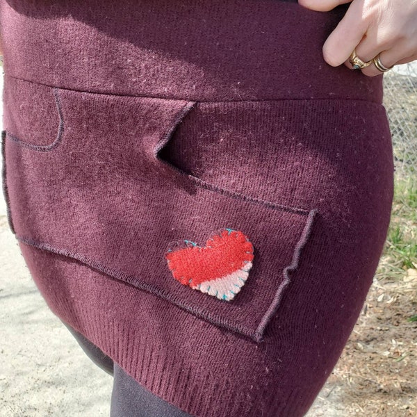 Purple Recycled sweater (bum) mini skirt with heart and pocket waist 27-32