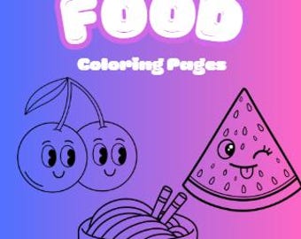 May include: A coloring book cover with the words "CUTE FOOD" in purple and white, and "Coloring Pages" in white. The illustrations include cherries, a bowl of noodles with chopsticks, and a watermelon slice, all with cartoon faces.