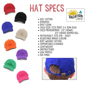 May include: A set of ten colorful baseball caps with adjustable brass closures. The caps are made of 100% cotton and are comfortable and durable. The caps are available in a variety of colors, including red, blue, green, orange, purple, and pink. The caps are perfect for everyday wear or for special occasions.  "VACATION VIBES" is written on a sun graphic in the upper right corner of the image.  The text "HAT SPECS" is written in large red letters at the top of the image.  The text below the graphic lists the features of the caps: 100% cotton, imported, spot clean, child size: fits most 2-6 year olds, child measurement: 3.5" crown, 2.5" curved seamed bill, youth/adult: fits 6yr - adult, adjustable brass closure, soft washed cotton, comfortable & durable, lightweight, unstructured, low profile, six panel.