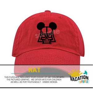 May include: Red baseball cap with a black graphic of Darth Vader wearing Mickey Mouse ears. The text "HAT" is on the bottom of the image. The text "VACATION VIBES" is on the bottom right of the image.