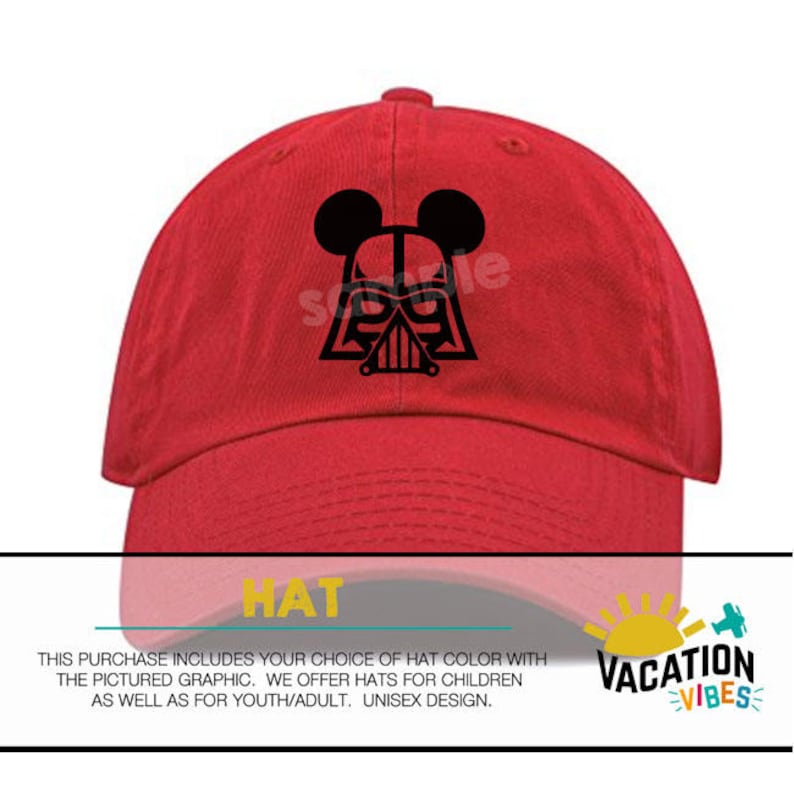 May include: Red baseball cap with a black graphic of Darth Vader wearing Mickey Mouse ears. The text "HAT" is on the bottom of the image. The text "VACATION VIBES" is on the bottom right of the image.