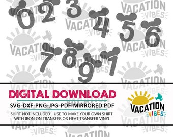 Puede incluir: Una descarga digital de diez números grises con orejas de Mickey Mouse. Los números son del 0 al 9. El fondo es un patrón repetitivo de un sol gris con un centro amarillo y el texto "Vacation Vibes".