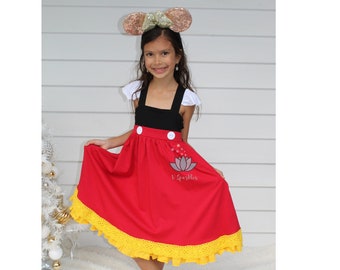 Mr. Mouse dress for girls and toddlers, Mickey-inspired twirl dress, cotton dress, red black yellow white dress, Gift for girls