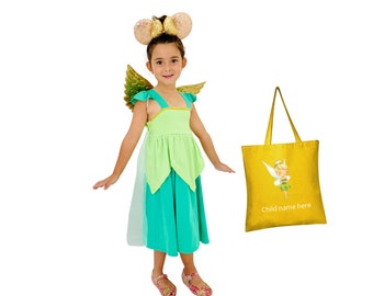 Tinkerbell dress, Tinker Bell costume, green fairy dress, Mouse ears, Personalized tote bag, Gold wings, Gift for girls