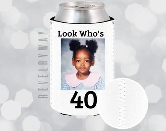 custom birthday drink can cooler cozies - personalized photo gift and party favour - decor - 20th 30th 40th 50th birthday