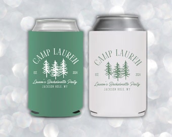 camp bachelorette drink sleeve/cozy/cozie - party favours - design your own can cooler - collapsible neoprene camping bachelor/bachelorette