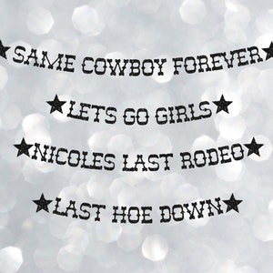 striscioni glitterati per addio al nubilato - decorazioni per feste per addio al nubilato - tema cowboy disco - andiamo ragazze - ultimo rodeo - hoe down - western nashville