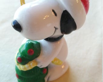 Vintage 1960's Snoopy Christmas Tree Porcelain Hand Painted Ornament