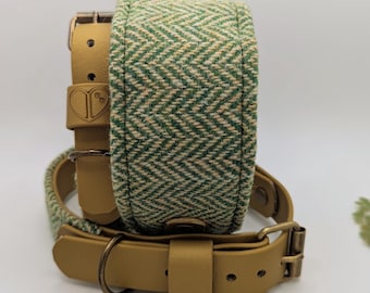May include: Two dog collars. The top collar has a green and beige herringbone pattern with a tan leather strap and gold-colored hardware. The bottom collar is tan leather with gold-colored hardware. The collars are for pets.