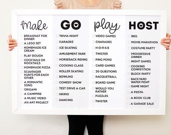 May include: A white framed print with four columns of activity ideas: Make, Go, Play, and Host. The print measures 24 x 36 inches and features a variety of suggestions for fun activities, such as trivia night, karaoke, and charades.
