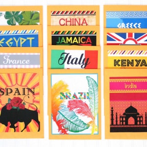 Peut inclure: Un ensemble de 10 cartes colorées avec différents noms de pays et des images. Les cartes sont jaunes avec une bordure blanche et présentent des images telles qu'un taureau, des plumes, le Taj Mahal et un drapeau.