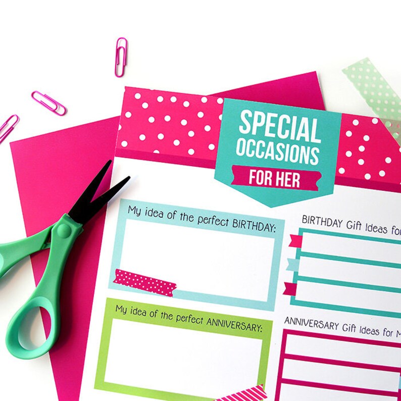 Op de afbeelding: Een printbaar werkblad met een roze, wit en turquoise kleurenschema. Het werkblad heeft de titel "Speciale gelegenheden voor haar" en bevat secties voor verjaardags- en jubileumgeschenkiddee&euml;n.