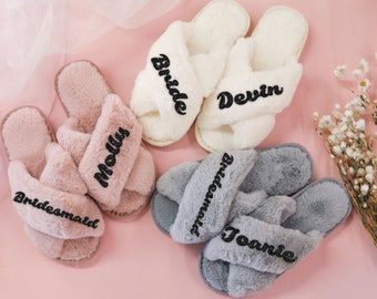 Personalized Slippers for Bride Bridesmaid Gift for her Bridesmaid Proposal Gift Bridal Party Slippers Bachelorette Party Gifts (Slippers)