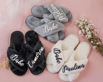 Fluffy Slippers for Bride Personalized Bridesmaid Proposal Gifts for her Bridal Shower Gifts For Sister Mom Wife Best Friends Gift(Slippers)