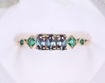 Alexandrite Wedding Band Oval Cut Color Change Ring 14K Yellow Gold Half Eternity Band Minimalist Bridal Ring June Birthstone Gift for Her