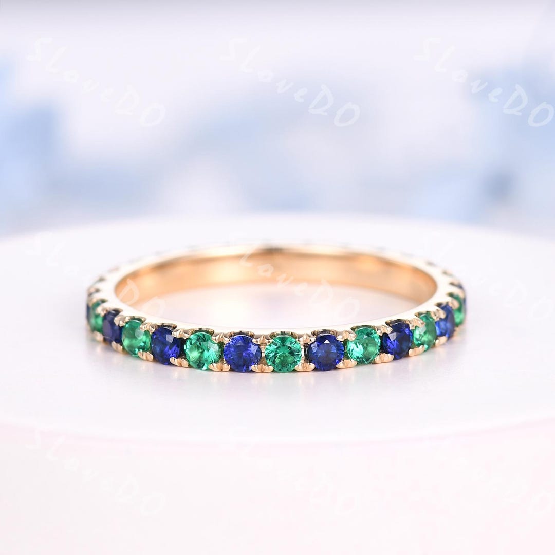Emerald Sapphire 14K Gold Eternity Ring: May Birthstone Wedding Band - Etsy