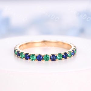 Emerald Sapphire Ring, 2mm Eternity Wedding Band, May Birthstone Ring, Emerald Matching Band, Stacking Ring, Sapphire Ring, 14K Gold Ring