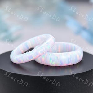 Unique White Fire Opal Couple Rings Opal Wedding Band Handmade Eternity Opal Ring October Birthstone Men&#39;s Ring Promise Gift for Him or Her