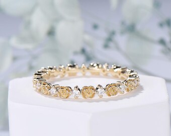 Flower Eternity Diamond Wedding Band Floral Moissanite Ring 10K Rose Gold Dainty Minimalist Bridal Ring Anniversary Gifts