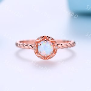White fire opal Engagement Ring,Dantiy opal ring,gold ring,opal ring for women,Twisted band, Anniversary Opal Diamond Jewelry,Christmas gift