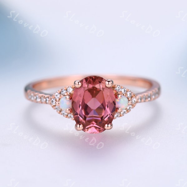 6X8mm Padparadscha sapphire ring,oval pink stone,dainty sapphire diamond engagement ring,Opal Wedding Ring,cluster ring
